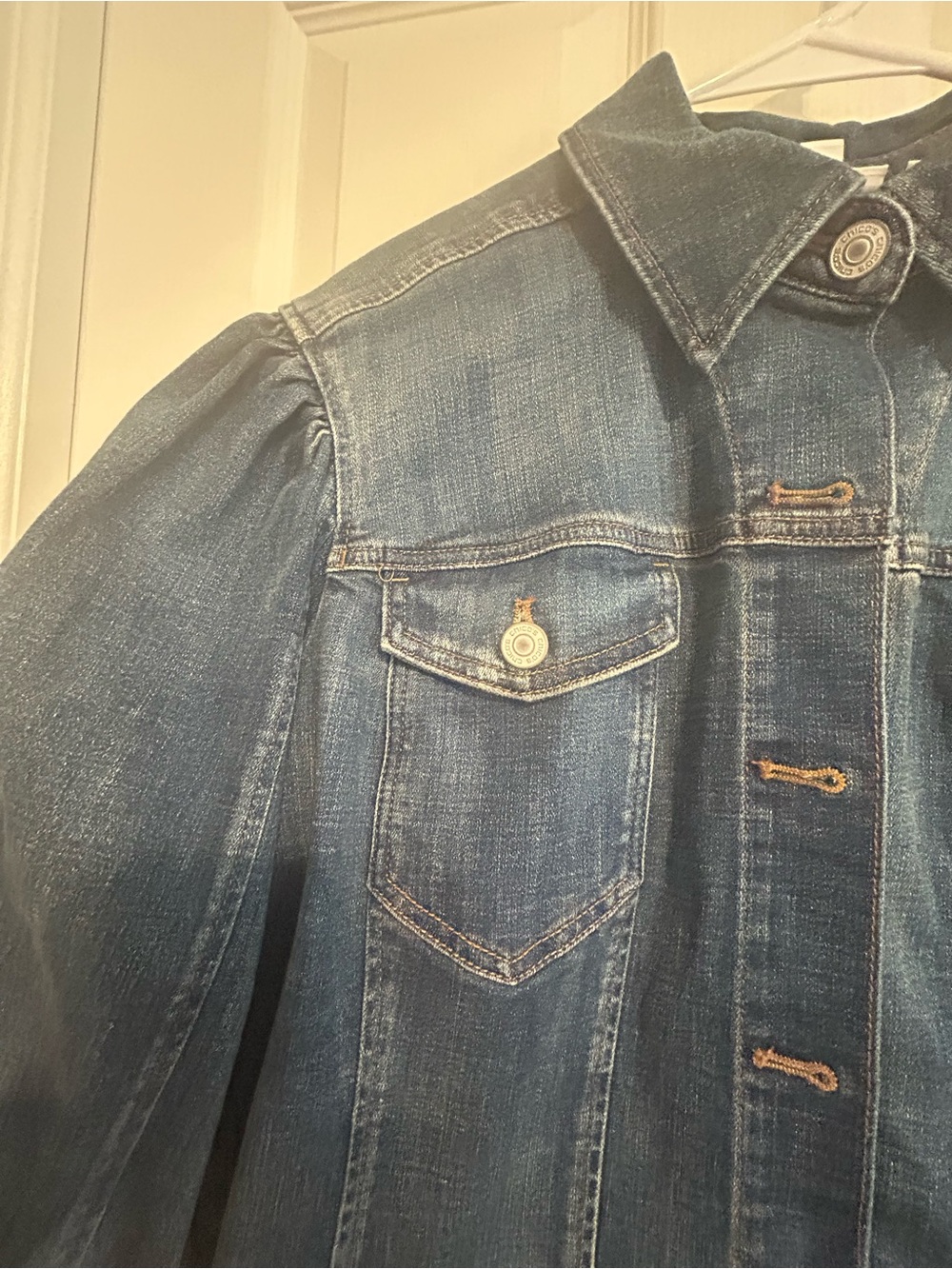 Chico's Blue Denim Jean Jacket with Puff Sleeves - Picture 3 of 12